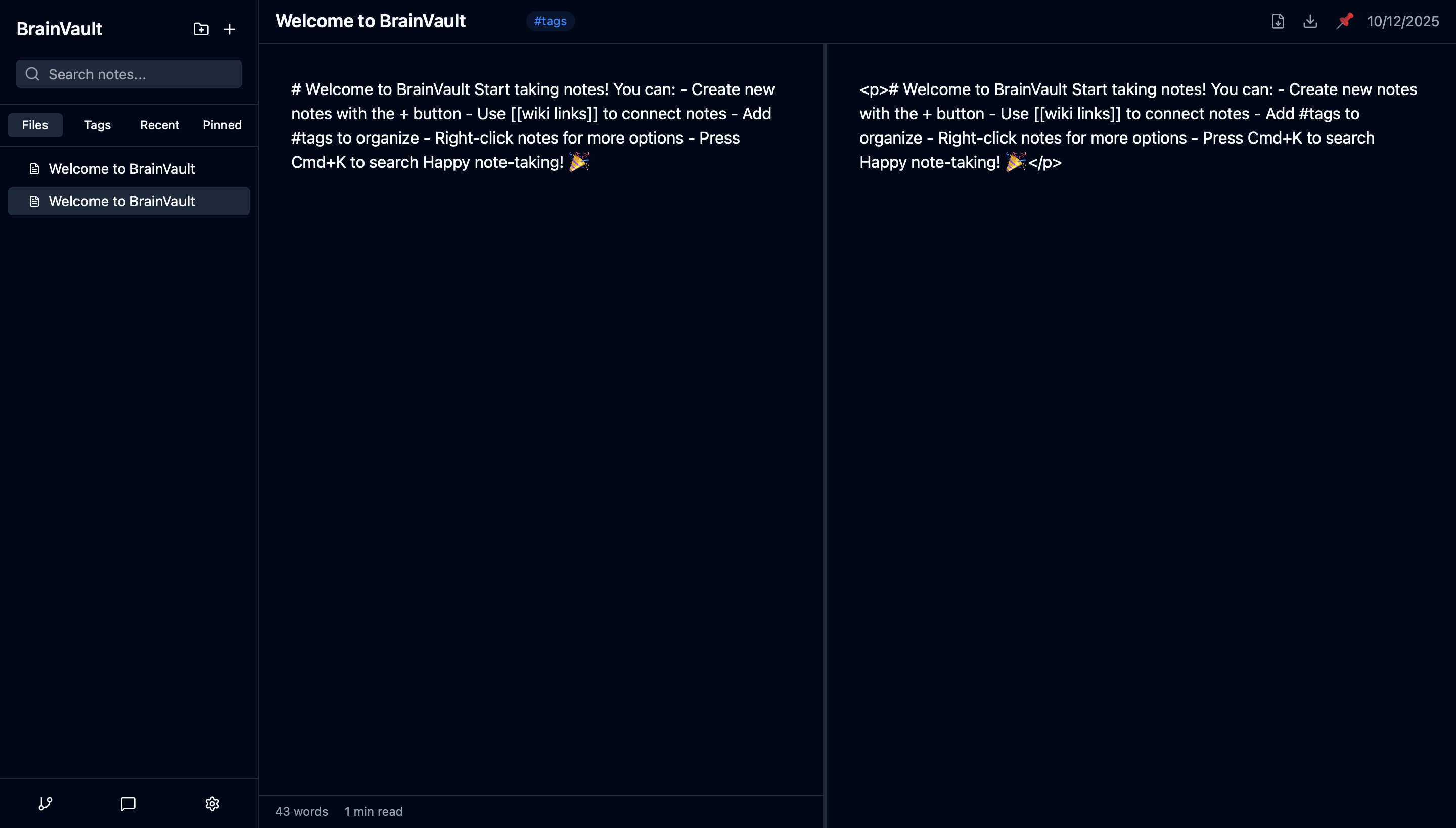 BrainVault note-taking app interface showing markdown editor, wiki links, and graph visualization